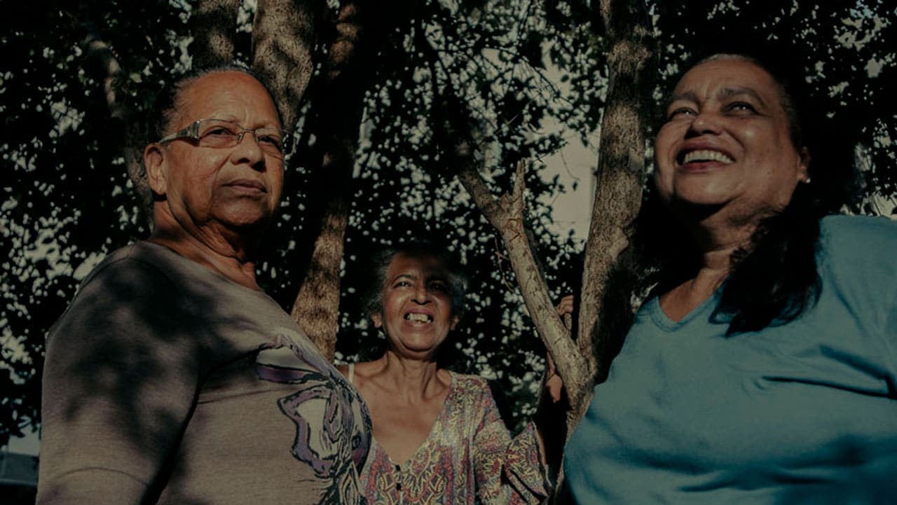 A foto mostra três mulheres sorridentes do Quilombo Família Souza. Uma está mais ao fundo, no meio, e usa um vestido estampado. A que está a direita usa os cabelos pretos soltos e uma blusa azul claro. A que está à esquerda é a única que olha para a câmera. Ela usa óculos e usa uma blusa cinza com uma estampa no meio. Ao redor das mulheres estão galhos de árvores.