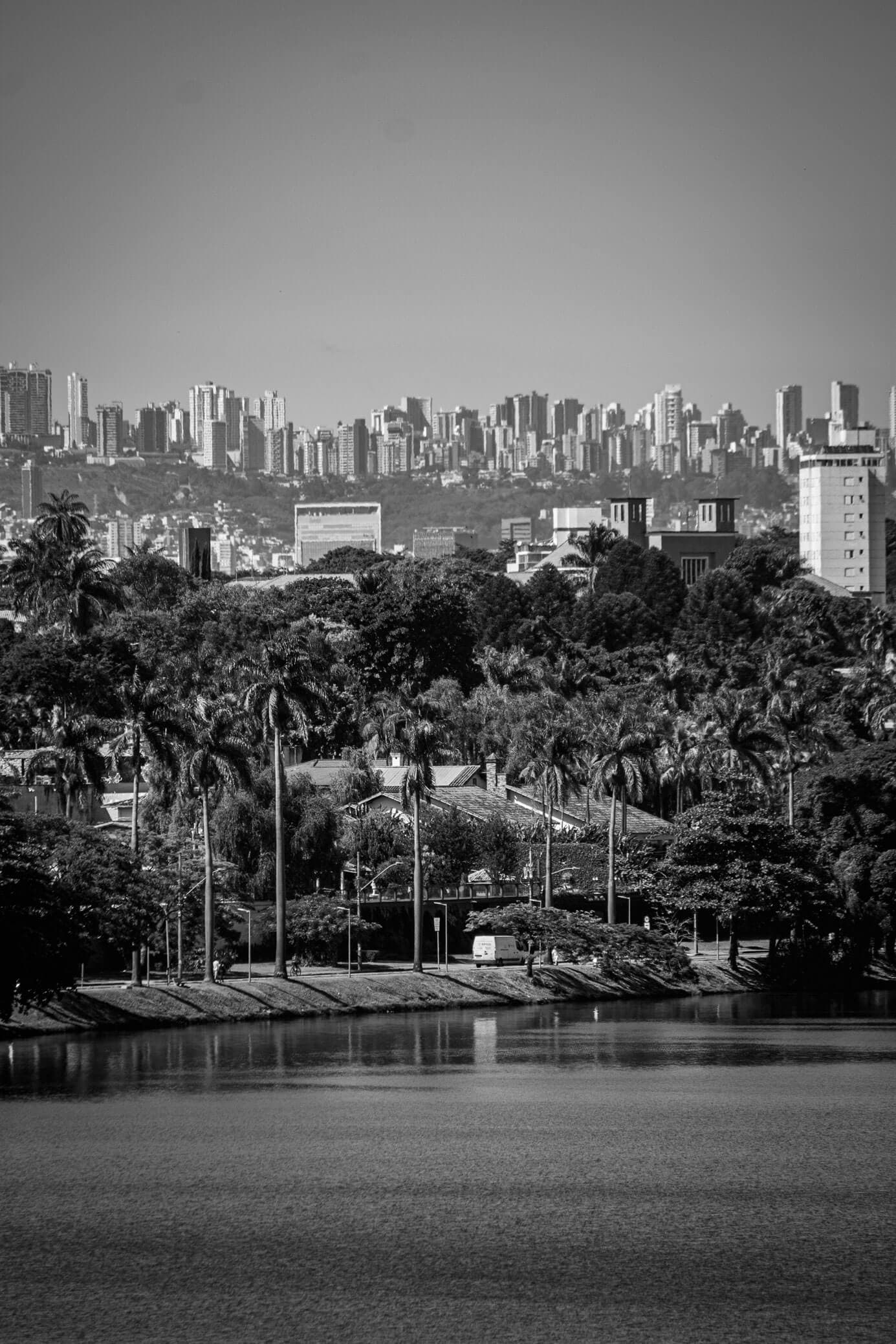 A imagem é uma paisagem de Belo Horizonte vista da Lagoa da Pampulha. No fundo é possível ver vários prédios, pequenos. Mais perto, vemos um monte de árvores que rodeiam a lagoa.